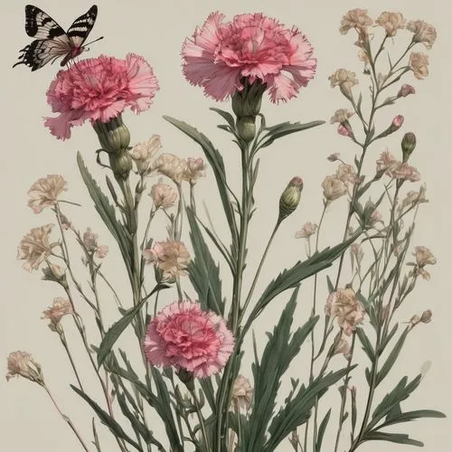 dianthus caryophyllus,dianthus barbatus,dianthus pavonius,dianthus,illustration of the flowers,flower and bird illustration,Conceptual Art,Fantasy,Fantasy 01