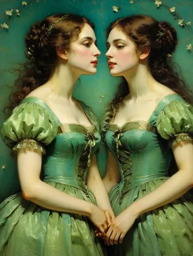 everything a little brighter,two women wearing green dresses and facing each other,mirror image,damsels,two girls,confidantes,rhinemaidens,companias,Art,Classical Oil Painting,Classical Oil Painting 4