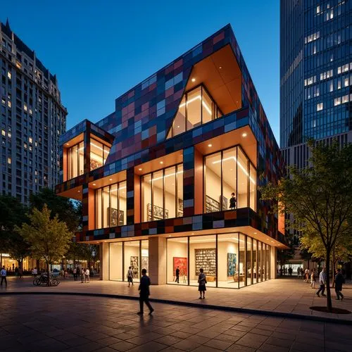 Geometric museum exterior, constructivist architecture, bold angular lines, dynamic fragmented forms, vibrant colorful tiles, glass and steel materials, cantilevered rooflines, asymmetrical compositio