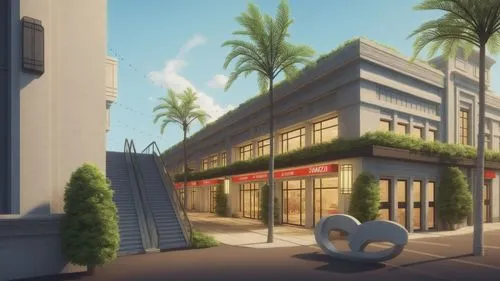 this is a 3d image of the outside of a building,store fronts,beverly hills,pastry shop,holiday complex,hotel riviera,apartment building,shopping street,imageworks,honolulu,storefronts,business distric