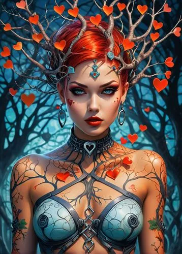 dryad,poison ivy,fantasy portrait,fantasy art,thorns,faerie,ivy,fae,girl with tree,the enchantress,fantasy picture,fantasy woman,faery,autumn theme,sorceress,halloween bare trees,mystical portrait of a girl,tree crown,world digital painting,red berries,Photography,Fashion Photography,Fashion Photography 26