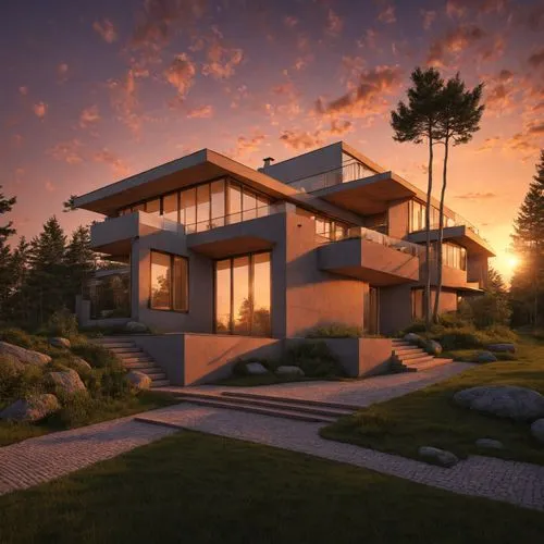  ,a modern house is shown at dusk with the sun behind,3d rendering,modern house,renders,render,3d render,dunes house,Time,Dusk