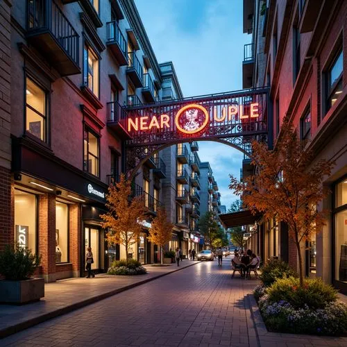 Vibrant commercial street, eclectic store facades, mixed-use development, industrial-chic aesthetic, exposed brick walls, metallic accents, reclaimed wood textures, neon signage, bold typography, dyna