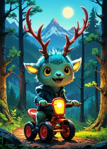 game illustration,chua,windigo,scooter riding,bulu,blue motorcycle,Illustration,Japanese style,Japanese Style 05