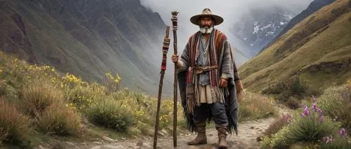 Muscular man, llama herder, standing, Andes mountain range, traditional clothing, warm hat, woven poncho, rugged boots, holding wooden staff, gentle eyes, strong facial features, wispy beard, messy ha