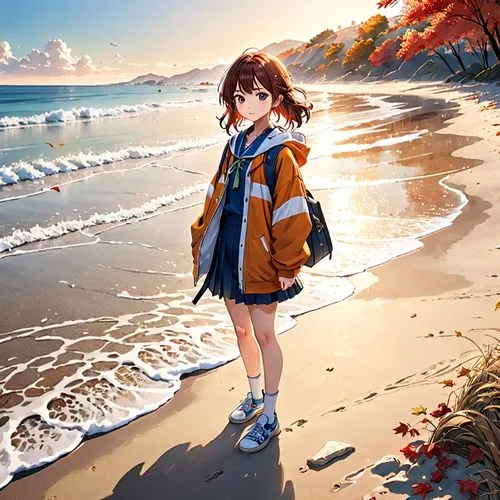 japanese style, manga, realistic,colors,autum,beach,anime character on a beach with ocean and trees in the background,kumiko,beach background,beach walk,beach scenery,autumn background,suzumiya,Anime,