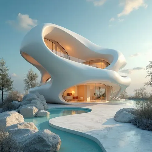 imagine a beautiful architectural visualization of a futuristic residence with a spiral-shaped exterior, resembling a seashell. Showcase the interplay of light and shadow on the curved surfaces, evoki