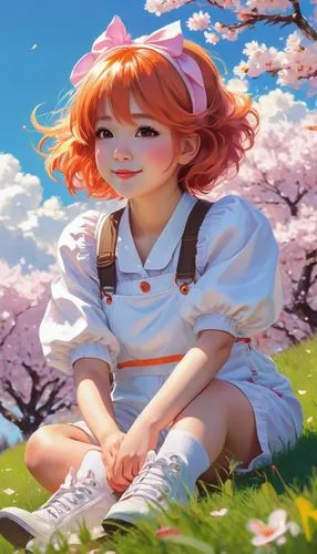 Cute anime girl, childhood outfit, white and pink overall, puffy sleeves, bright orange hair clips, big brown eyes, gentle smile, rosy cheeks, soft skin, casual pose, sitting on a grassy hill, sunny d