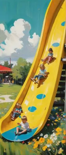 playground slide,slide down,slide sandal,children's playground,slide canvas,slides,amusement park,children's ride,toboggan,slide,amusement ride,shrimp slide,water park,playground,sliding,seesaw,ski jump,play tower,play yard,amusement,Conceptual Art,Oil color,Oil Color 01