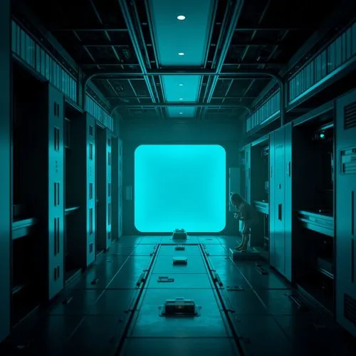 Dark cyan accent wall, futuristic interior design, neon-lit corridors, sleek metal surfaces, minimalist decor, low-key lighting, subtle gradient effects, high-tech gadgets, virtual reality interfaces,