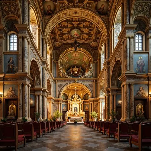 Golden mosaics, intricate tilework, ornate patterns, lavish decorations, rich textures, Byzantine architectural style, grand cathedrals, majestic domes, vibrant colors, shimmering gold accents, sacred