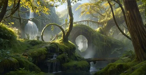 waterfall and waterfall bridges in the forest,elven forest,rivendell,fantasy landscape,mirkwood,fantasy picture,kashyyyk,Photography,General,Realistic