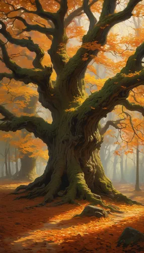 In a mystical forest, the ancient oak sheds its dried leaves.,beech trees,european beech,oak tree,maple tree,autumn tree,scarlet oak,autumn forest,old gnarled oak,beech forest,oak,forest tree,the root