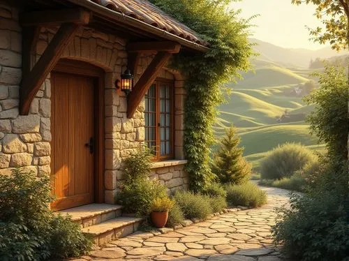 home landscape,cottage,the threshold of the house,wooden door,alpine village,summer cottage,little house,small house,country cottage,shire,mountain village,house in mountains,garden door,lonely house,countryside,hobbiton,mountain settlement,cottages,landscape background,house in the mountains,Photography,General,Realistic