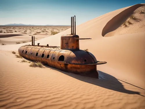 A submarine, half-submerged in a desert, rusting, abandoned, eerie, sand dunes, bright blue sky, ,semi-submersible,ballistic missile submarine,submersible,deep-submergence rescue vehicle,tank ship,mes