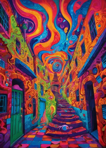 psychedelic art,colorful city,lsd,psychedelic,trip computer,passage,panoramical,escher village,aurora village,hallucinogenic,trippy,vibrant,mural,valparaiso,kaleidoscopic,trip,alley,acid,colorful spiral,colorful facade,Conceptual Art,Oil color,Oil Color 23