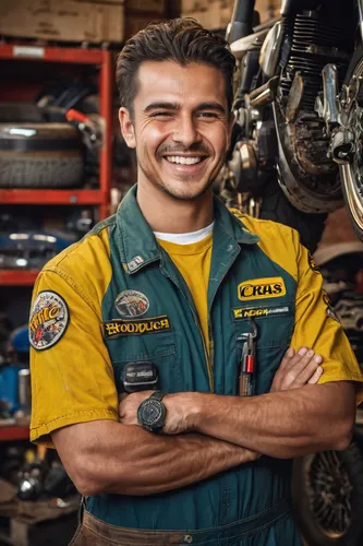 In the workshop's vibrant ambiance, a young mechanic stands confidently, dressed in his mechanic uniform and posing with a cheerful smile. With a wrench in one hand and a relaxed posture, he embodies 