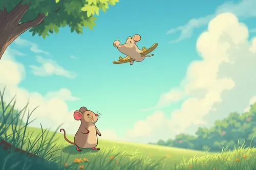 random cartoon scene,mouse dreaming about flying,comics scene,2d,two mice in the grass near trees flying,the lion king,lion king,kion,disneynature,monkey with cub,timon