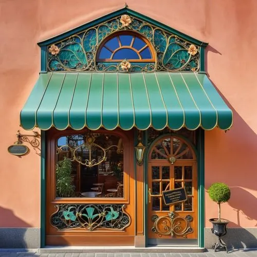 colorful,plant,cafe luxury,rosegol and black,a doorway to a building with a green awning,children's playhouse,art nouveau frame,shopfront,front door,art nouveau frames,wrought iron,Photography,General