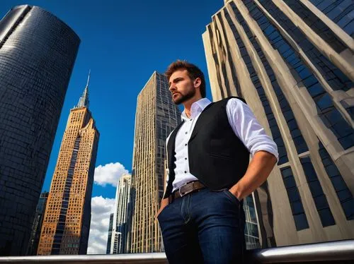 Professional photographer, male, 30s, holding DSLR camera, standing, serious expression, wearing black vest, white shirt, dark jeans, sneakers, shooting architecture, modern skyscraper, cityscape, urb