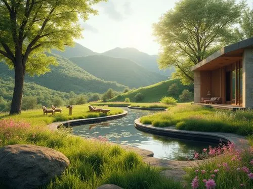 home landscape,summer cottage,landscape background,idyllic,green landscape,meadow landscape,grass roof,fantasy landscape,beautiful home,nature landscape,landscaped,seclude,idyll,beautiful landscape,nature wallpaper,house in mountains,cottage,landscape nature,green meadow,summer house,Photography,General,Realistic