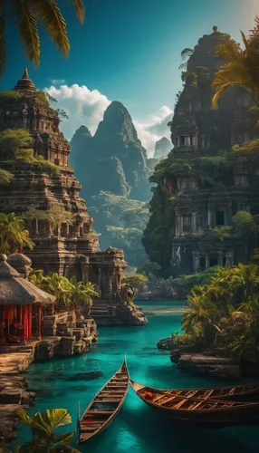 fantasy landscape,landscape background,world digital painting,vietnam,an island far away landscape,full hd wallpaper,ancient city,monkey island,southeast asia,thai,idyllic,tropical island,fishing village,boat landscape,floating islands,fantasy picture,islands,chinese background,river landscape,beautiful landscape,Photography,General,Fantasy