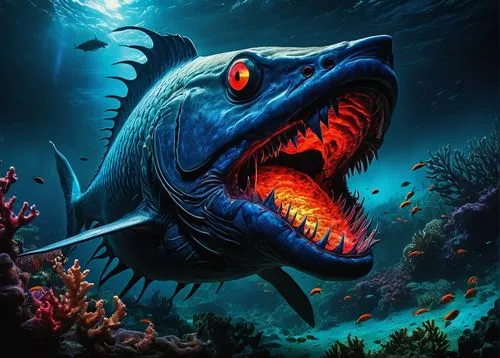 marine reptile,anglerfish,deep sea fish,piranha,krill,fish-surgeon,sea monsters,sea devil,coelacanth,cynorhodon,landmannahellir,deep sea,lissotriton,cuthulu,blue fish,underwater fish,sea animal,merman,god of the sea,thunnus,Conceptual Art,Daily,Daily 28