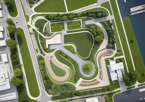 high quality landscape masterplan for urban park design,aerial view of park like setting that includes various walkways, roundabouts and gardens,anderstorp,mvrdv,race track,europan,oval forum,bjarke,r