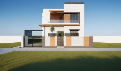 Create a rendering of a modern, minimalistic single-family house under clear summer skies with abundant daylight. The house should be illuminated both by natural sunlight and subtle artificial lightin