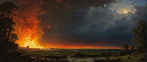 the conflagration,conflagration,eruption,burned land,burning earth,the eruption,volcanic landscape,lake of fire,scorched earth,forest fire,sweden fire,volcanic eruption,lava,volcanic field,bushfire,pillar of fire,frederic church,lava river,volcanic,volcanism,Art,Classical Oil Painting,Classical Oil Painting 13