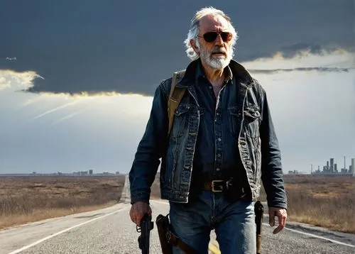 Bernie Wrightson, The Walking Dead, male, 50yo, rugged, weathered skin, wrinkles, gray hair, beard, sunglasses, worn denim jacket, black t-shirt, ripped jeans, scuffed boots, holstered pistol, surviva