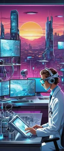 sci fi surgery room,futuristic landscape,cyberpunk,cyberspace,cyber,computer room,man with a computer,sci fiction illustration,retro diner,cybernetics,futuristic,computer,cyber glasses,scifi,laboratory,pandemic,computer art,neon human resources,computer screen,science fiction,Unique,Design,Sticker