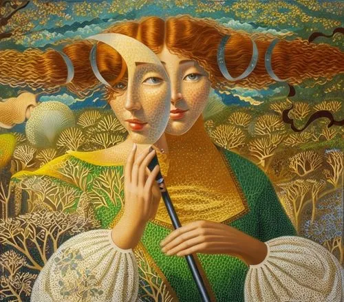 a girl with copper hair and a carnival mask in the shape of a crescent, the image is made in light picturesque colors, a painting of a woman holding a white mask, a surreal painting, by Georgy Papazov