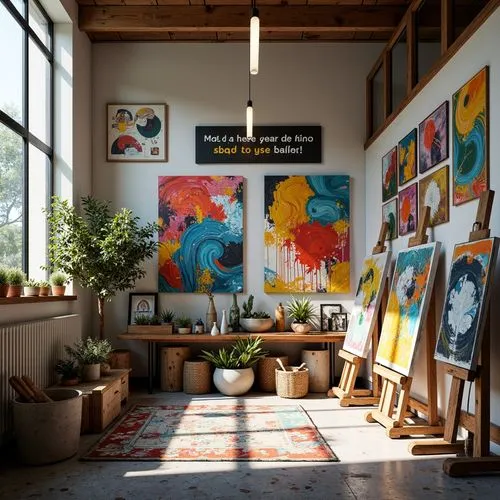 Vibrant art studio, bold brushstrokes, eclectic color palette, abstract expressionism, textured canvases, artistic freedom, natural light pouring in, wooden easels, paint-splattered floors, inspiratio