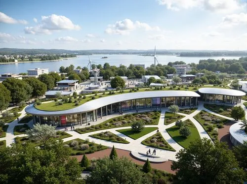 Curved futuristic science center, sleek metallic fa\u00e7ade, large glass windows, cantilevered rooflines, minimalist landscaping, lush green roofs, native plant species, winding walkways, educational