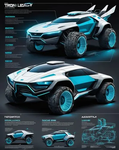 Architecture Sketch (industrial design of a futuristic lunar vehicle inspired by the movie Tron (Legacy 2010), powered by General motors and Lockheed martin, with notes on materials and measurements, 