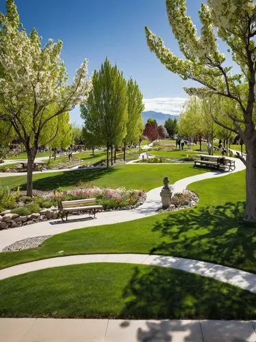 Utah State University, landscape architecture, Logan city, Cache Valley, mountainous background, blue sky with few white clouds, lush green grass, various types of trees, blooming flowers, winding sto