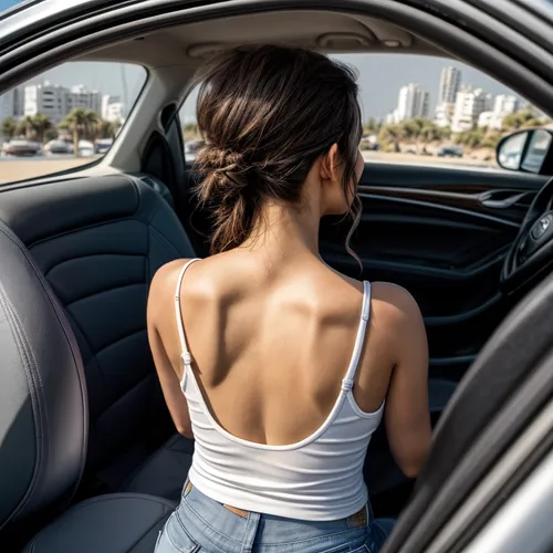 Photo from the back seat in the car.  You see her in profile.  She is sitting in a car holding the steering wheel and driving on the road in Tel Aviv.  wearing a white tank top and jeans.,girl in car,