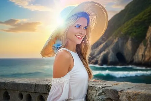 a beautiful woman standing on the edge of a rock,beach background,womans seaside hat,sunburst background,photographic background,laser teeth whitening,landscape background