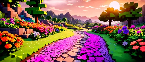 mushroom landscape,flowerful desert,purple landscape,fairy forest,blooming field,springtime background,spring background,ravine,fairy world,fairy village,flower field,tileable,flower wall en,field of flowers,3d background,cartoon video game background,3d fantasy,3d render,virtual landscape,forest path,Unique,Pixel,Pixel 03