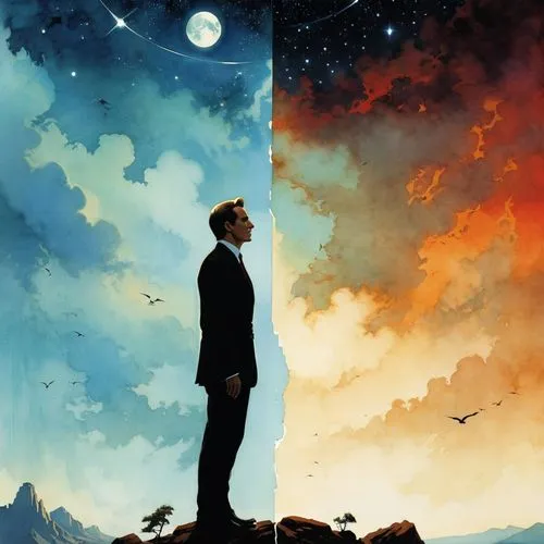 sorrentino,gallifrey,man silhouette,skywatchers,day and night,silhouette of man,Illustration,Paper based,Paper Based 12