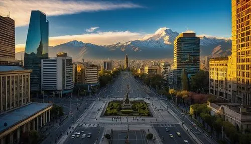 Santiago Chile, modern metropolis, urban landscape, sleek skyscrapers, contemporary glass buildings, historic neoclassical palace, ornate details, grandeur entrance, intricate stone carvings, vibrant 