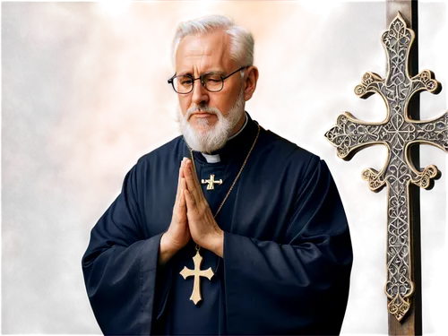 Priest, Catholic priest, mature man, solemn expression, white hair, beard, glasses, black robe, golden cross, praying hands, standing, respectful atmosphere, warm lighting, soft focus, 3/4 composition