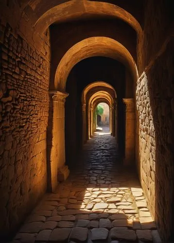 caravansary,passage,catacombs,the cobbled streets,medieval street,wall tunnel,vaulted cellar,pathway,the mystical path,archway,cobblestones,cobblestone,narrow street,corridor,walkway,herculaneum,monastery israel,the threshold of the house,st catherine's monastery,thoroughfare,Illustration,Realistic Fantasy,Realistic Fantasy 11