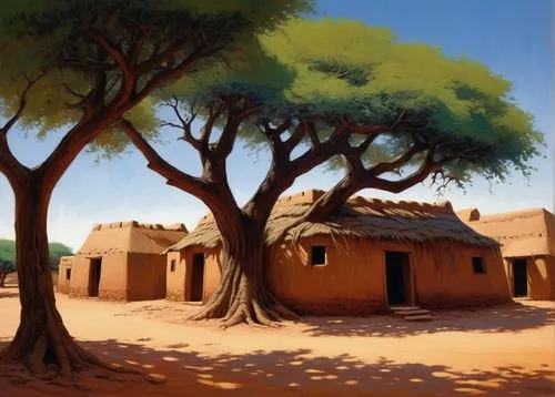 Grand Sudano-Sahelian style, Kéré architecture, Burkina Faso, mud-brick buildings, rounded adobe structures, conical thatched roofs, wooden doors with intricate carvings, narrow windows, ornate facade