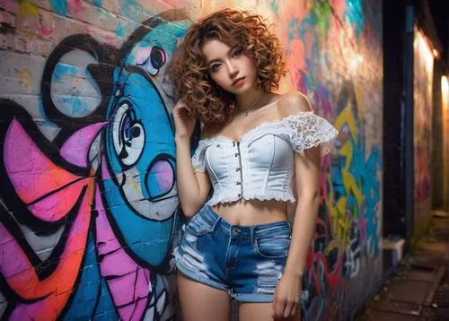 alleyway,graffiti,alley,tori,curly hair,ivy,alley cat,brick wall background,photo session at night,girl in overalls,curly brunette,colorful background,jeans background,denim background,red brick wall,curly,beautiful young woman,concrete background,crop top,red wall,Conceptual Art,Fantasy,Fantasy 10