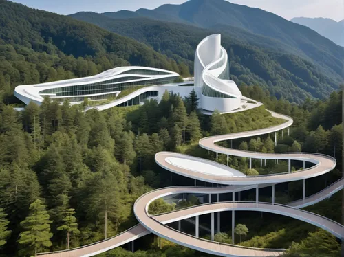 futuristic architecture,futuristic art museum,futuristic landscape,sky space concept,ski jump,eco hotel,archidaily,ski jumping,moveable bridge,chinese architecture,ski facility,ski resort,winding steps,modern architecture,hairpins,arhitecture,winding roads,danyang eight scenic,school design,alpine drive,Photography,General,Realistic