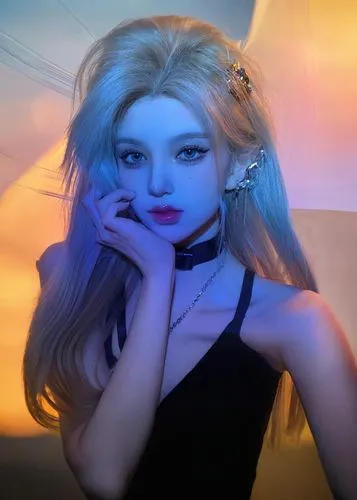 an anime woman in black top posing with her hands on her face,lisa,barbie,bjd,mmd,aquaria,poppy