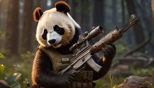 panda in camouflage uniform holding a rifle and rifle, wojtek foss, panda holding a laser gun, hq 4k mobile wallpaper, rocket raccoon, movie poster character, ferret warrior, movie character, ready fo