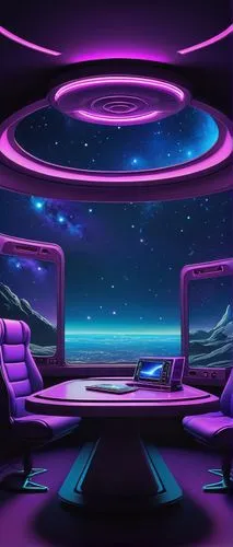 UFO aesthetic, futuristic sci-fi, spaceship interior, metallic materials, neon lights, holographic screens, sleek lines, minimalist decor, pilot seat, control panel, galaxy view, stargazing, atmospher